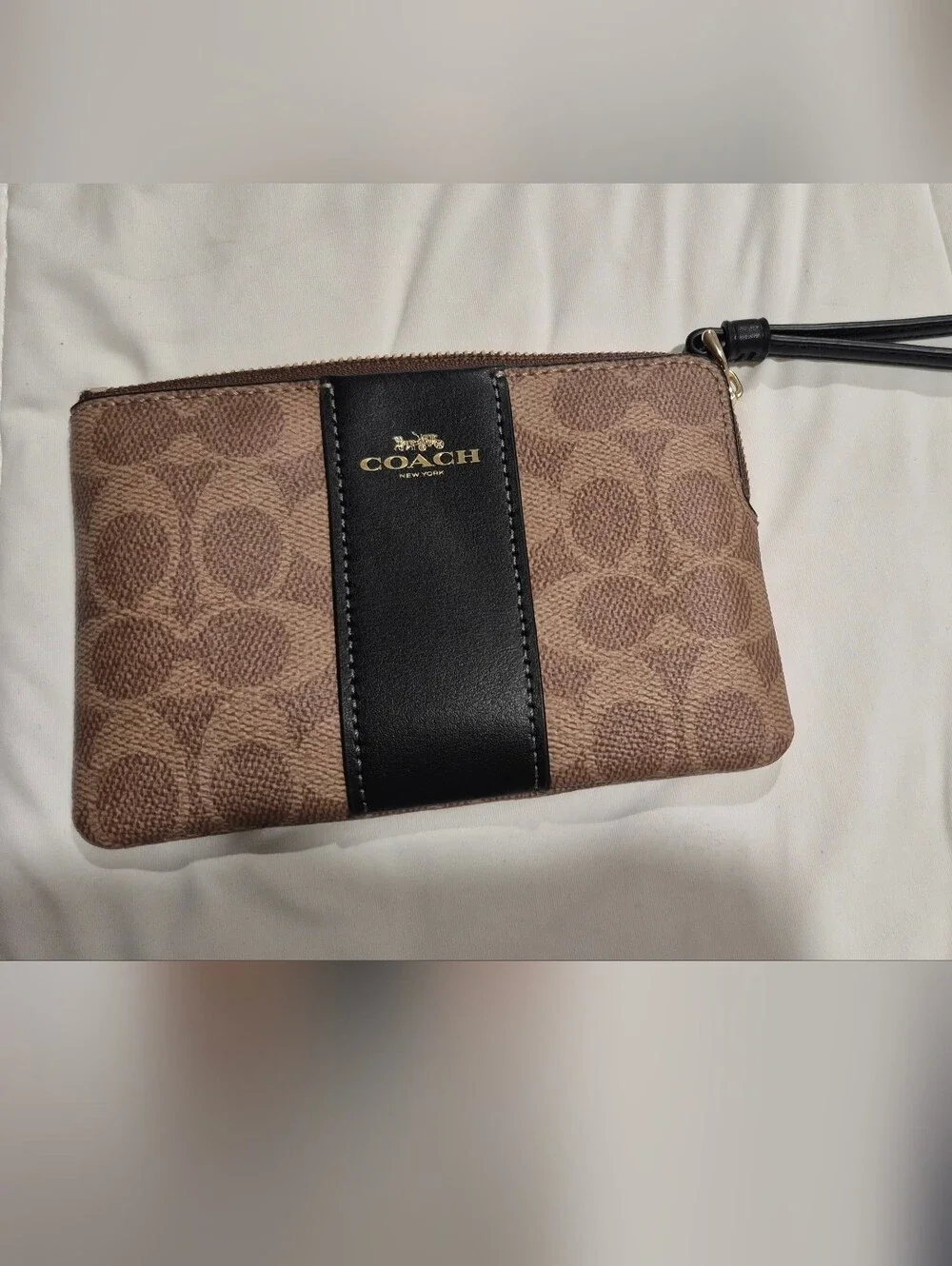 COACH Signature Canvas Wristlet in Brown & Black